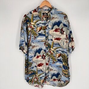 Vintage Reyn Spooner Tailored Fit Hawaiian Shirt Mens XL Retro Fish Resort Blue